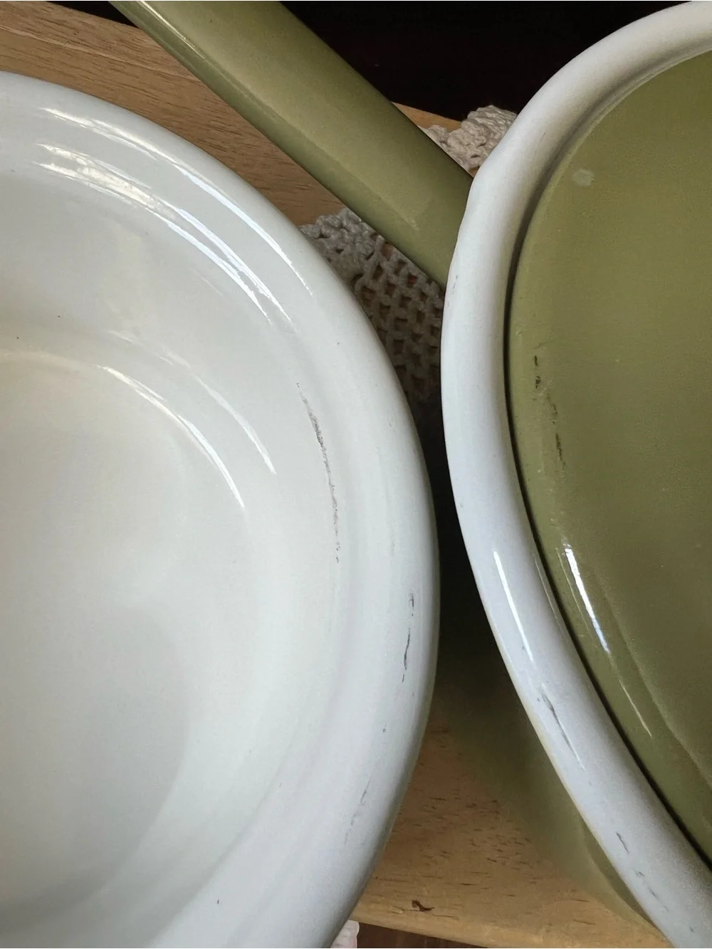 Vintage Avocado Green Enamel Over Metal Saucepans w/ 1 Lid Italian Made 1qt/2qt